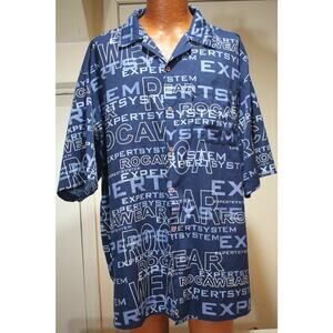 Rocawear Mens 2XL Graphic Button Up Shirt Streetwear All-Over Logo Print Navy
